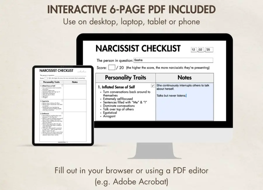 Narcissist Checklist (Printable & Digital)