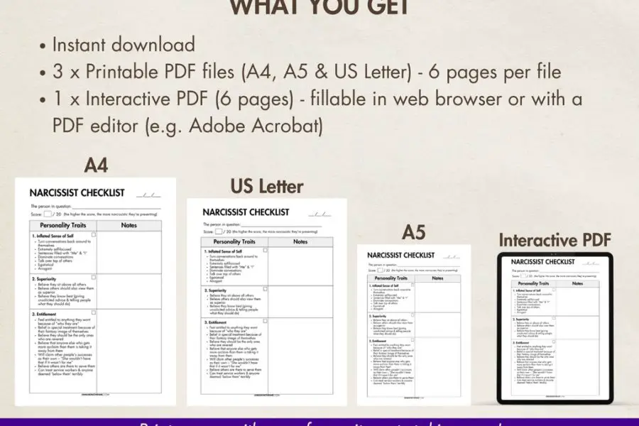 Narcissist Checklist (Printable & Digital)